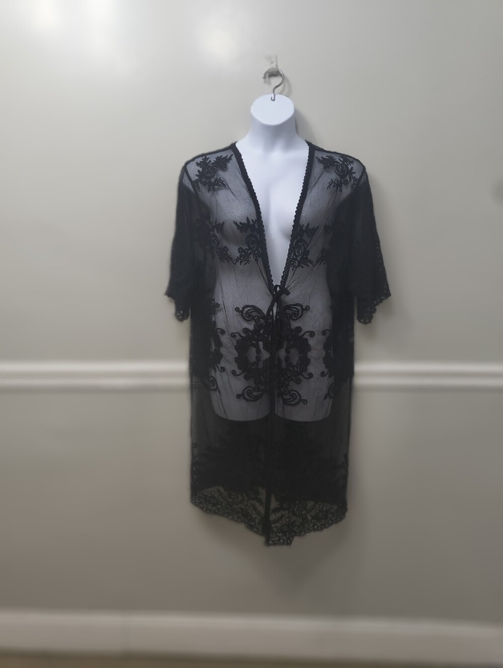 Black Lace Floral Whimsigoth Dark Romantic Tie-Front Kimono One Size Gothic